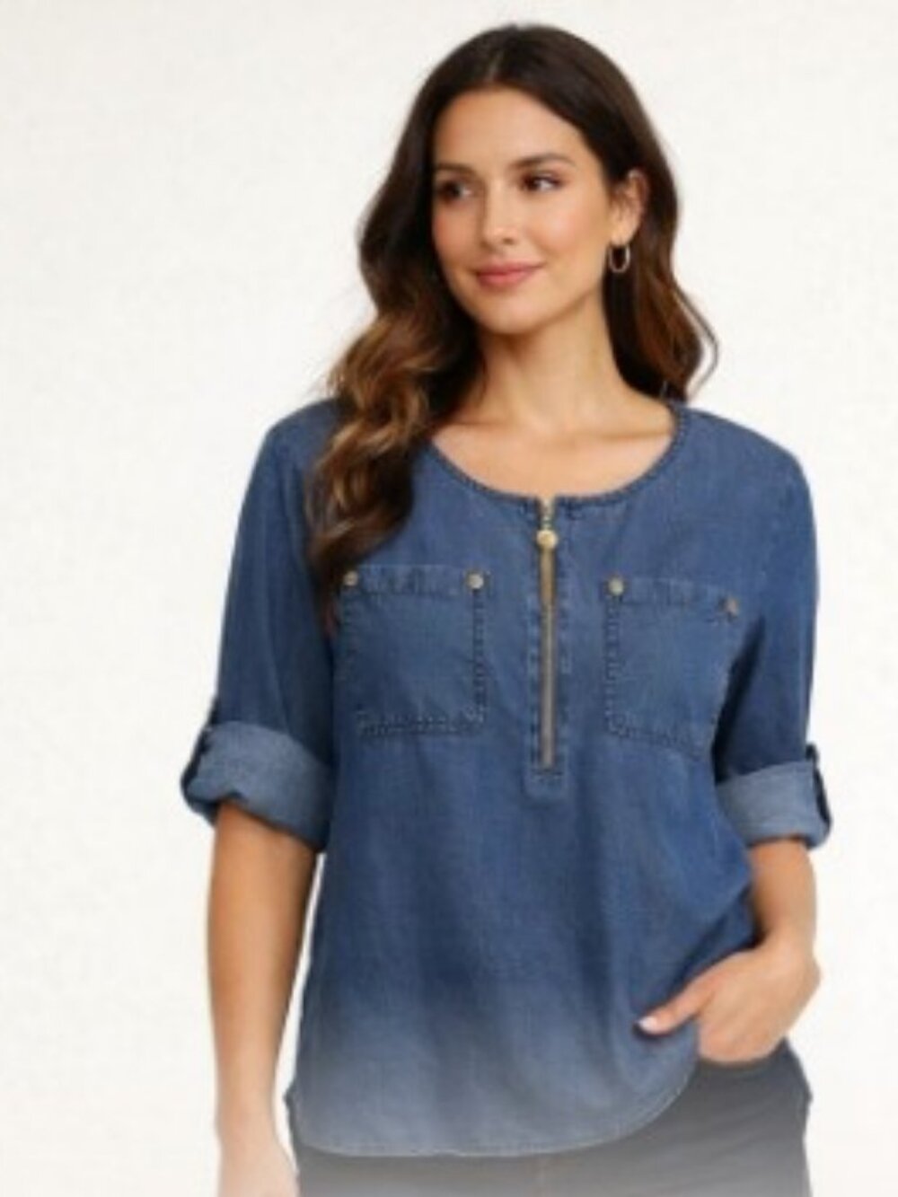 Relaxed Anne Klein Navy Zip-Pocket Tunic Top with Roll-Tab Sleeves